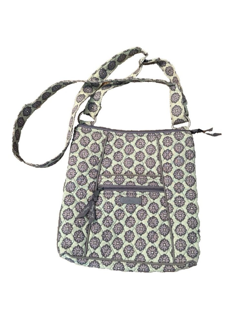Vera Bradley Triple Zip Hipster Crossbody Bag Fan Flowers Sage Green Quilted